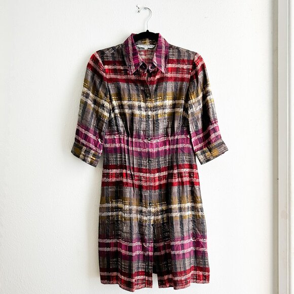 TRINA TURK 100& Silk Plaid Shirt Dress with Pin-tuck Waist - Picture 2 of 9
